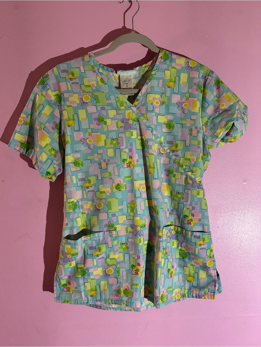 SB Scrubs Pastel Floral Patchwork Top in Mint, Pink, Yellow